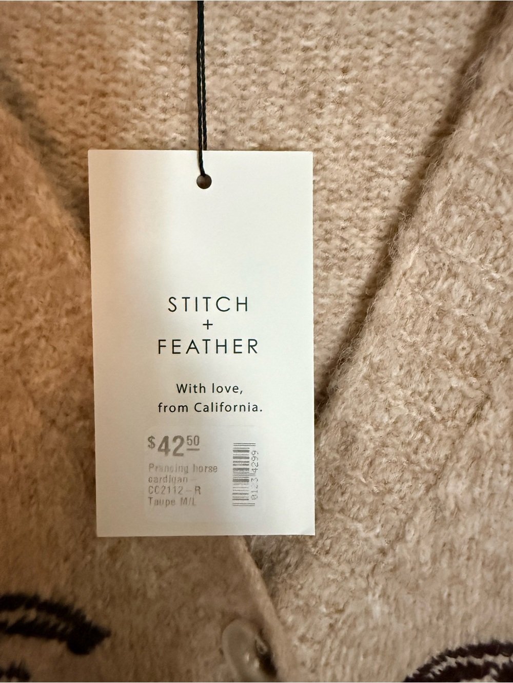 Stitch and Feather Beige Horse Cardigan Sweater NWT M/L - Picture 3 of 6